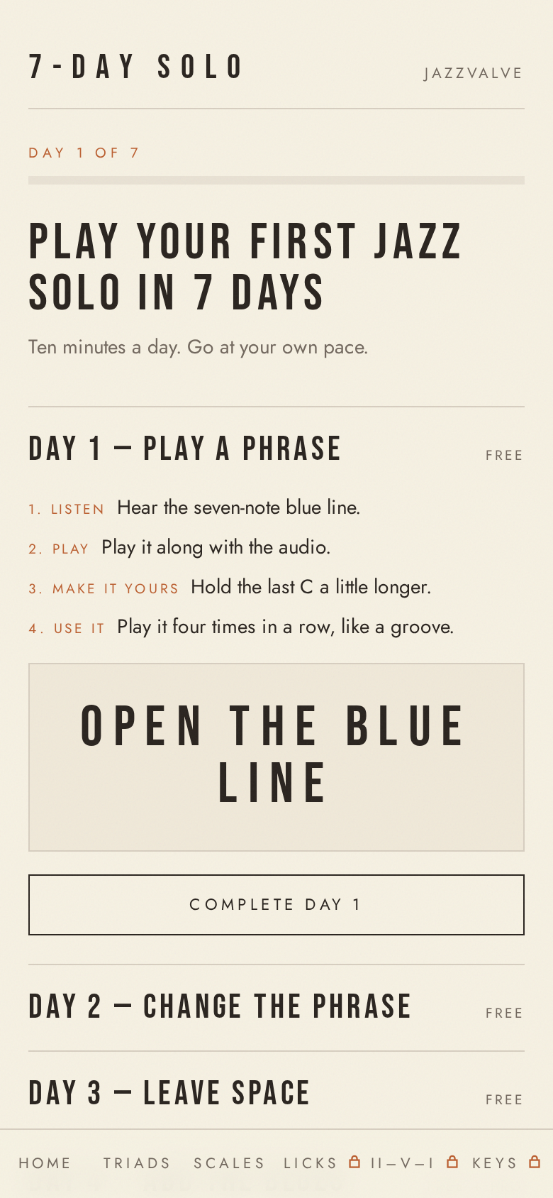 JazzValve seven-day solo challenge showing Day 1 practice steps