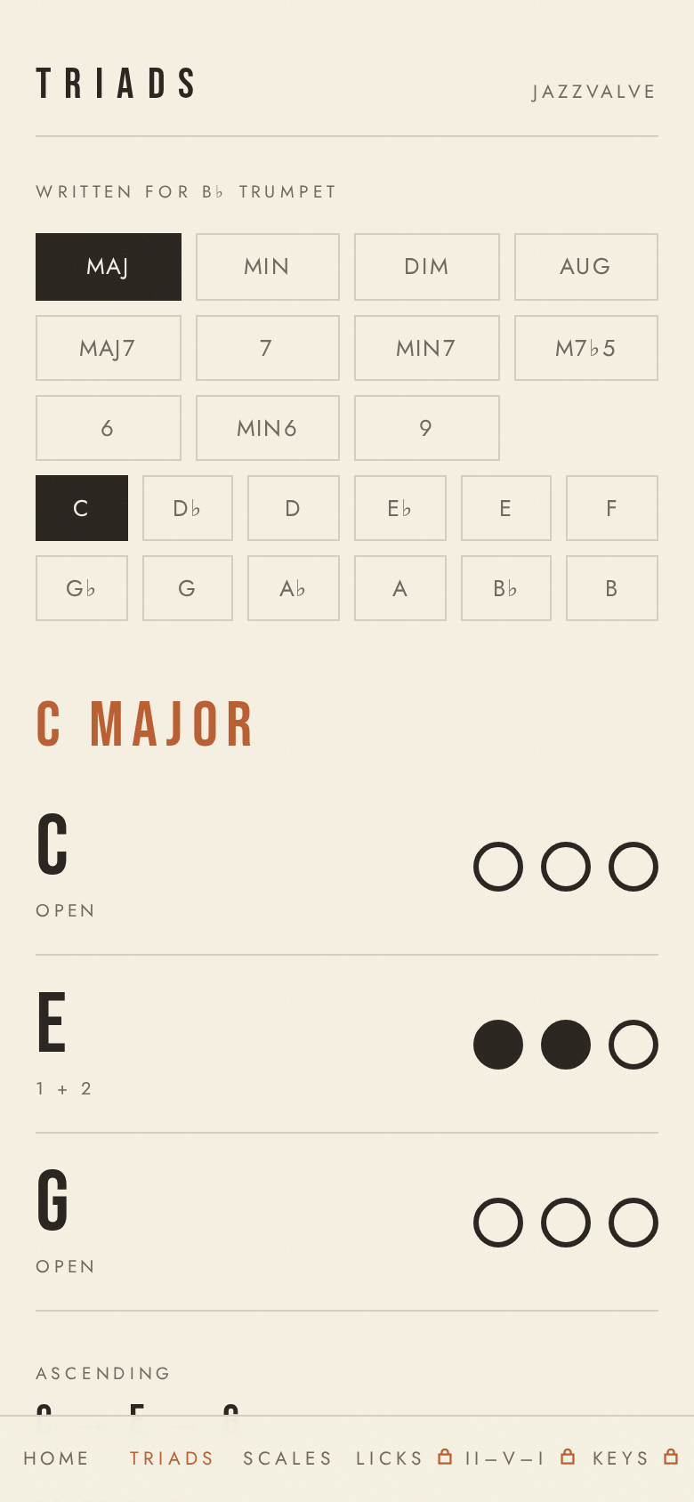 JazzValve mobile triads practice screen showing C major valve fingerings